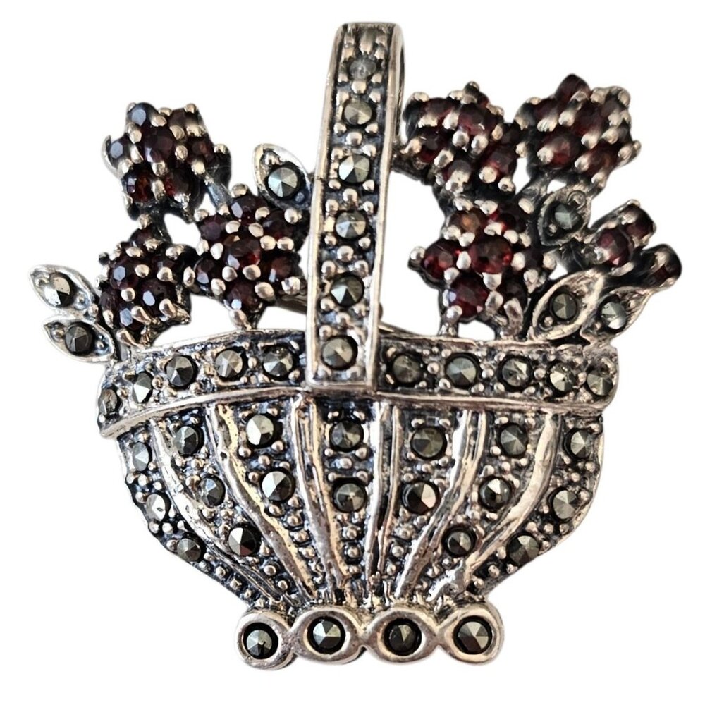 Sterling Silver Garnet Marcasite Basket Pendant Brooch, J67